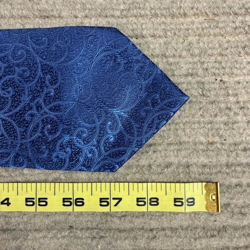Sean John Mens Silk Necktie Navy Blue Scroll Filigree Jacquard Handmade Tie